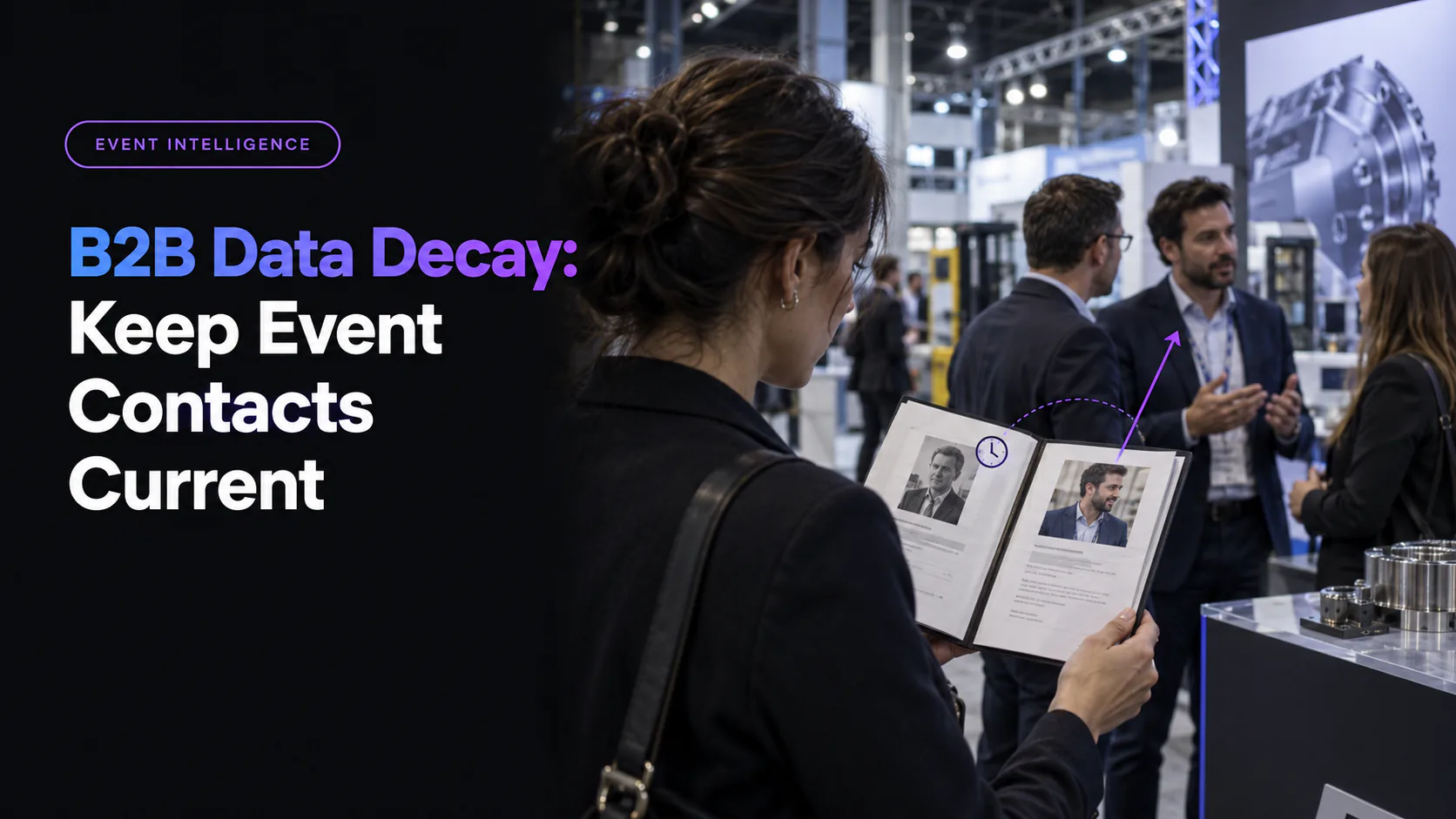 An event planner compares an earlier contact photograph with the current booth team, connected by a violet verification path.