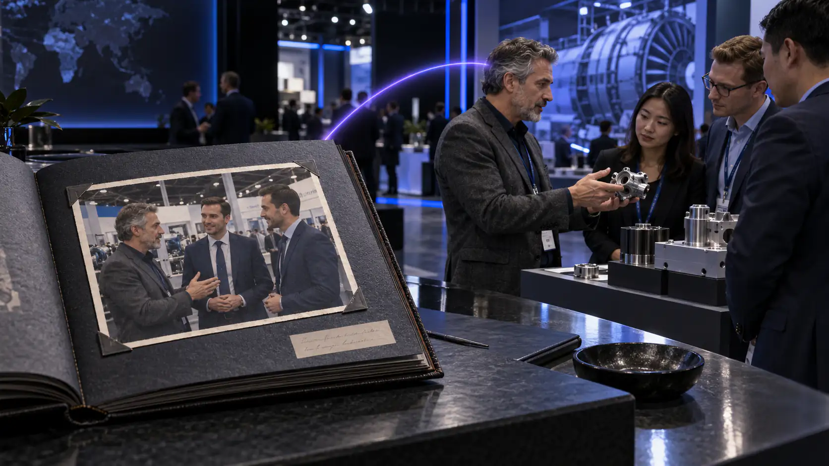 An earlier booth-meeting photograph stays in an album while its attendee meets a different team at a current show.