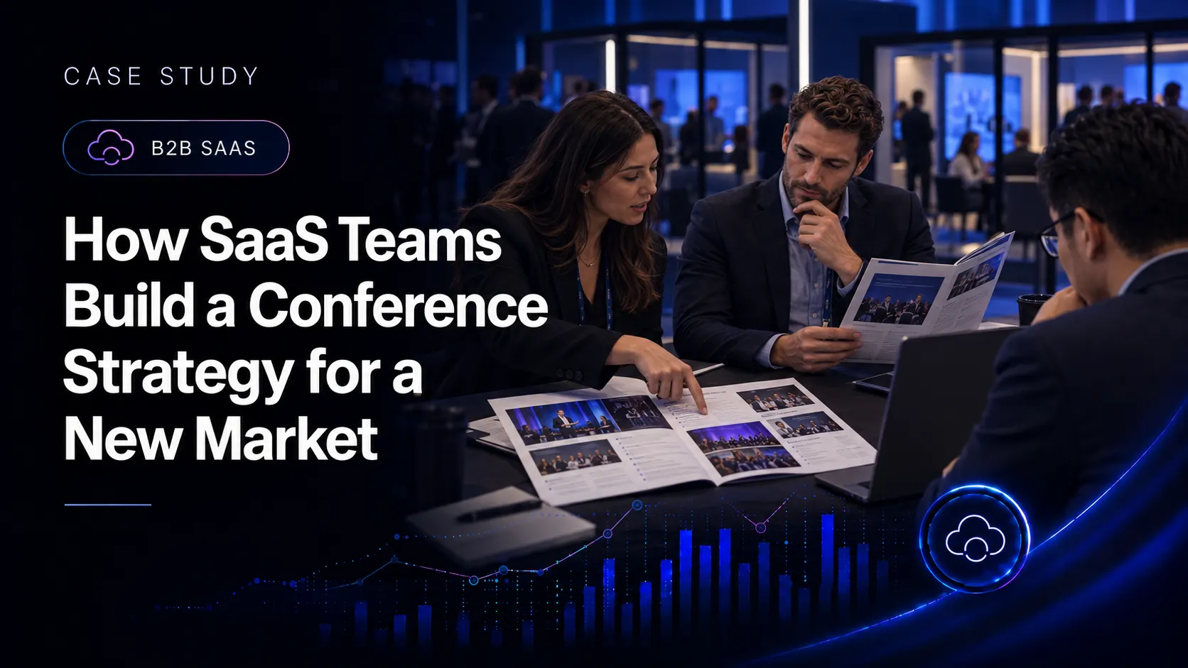 A SaaS marketing and sales team compares conference programs and buyer research in an event meeting area.