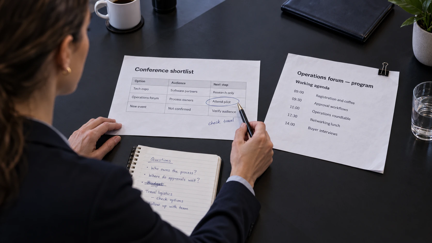 A SaaS marketer reviews a conference shortlist, a working agenda and handwritten buyer-research questions.