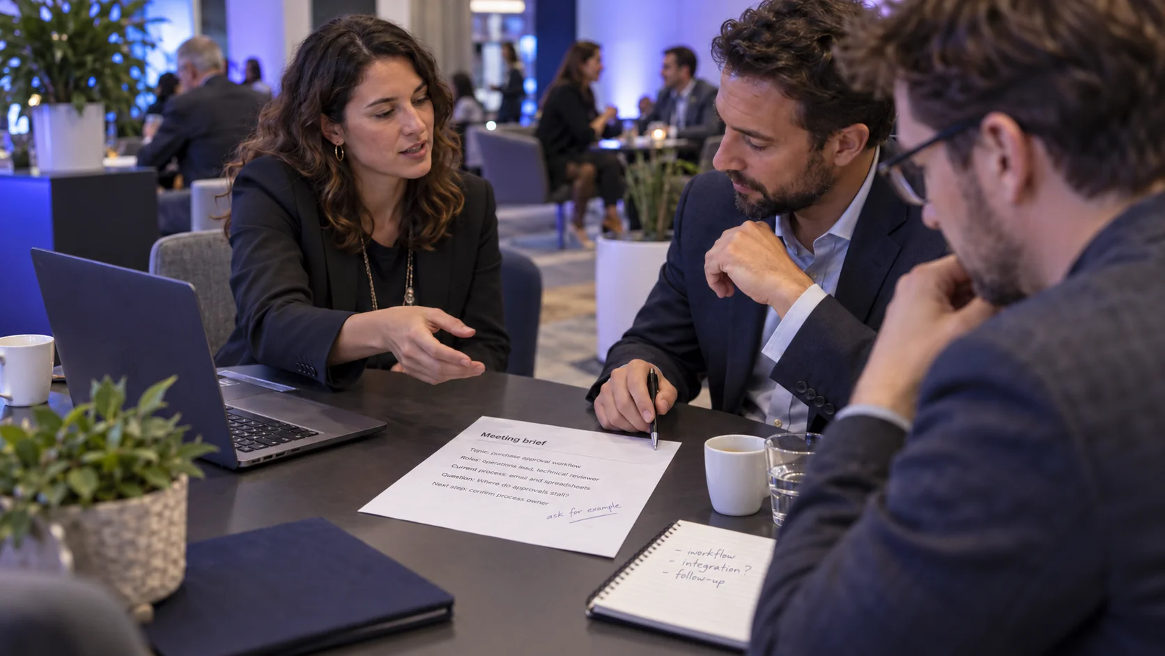 A SaaS team discusses a meeting brief covering buyer roles, approval workflows and the next discovery step.