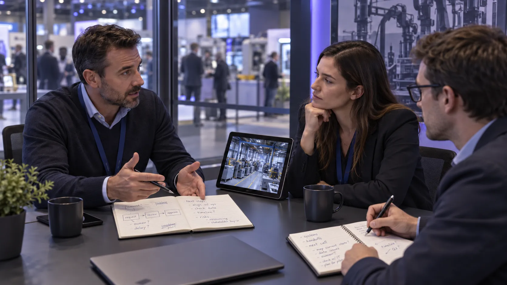 An operations buyer explains an approval workflow while SaaS researchers take handwritten notes.
