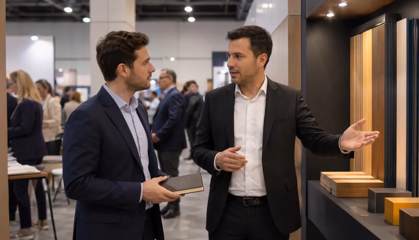 Two B2B operators having a focused face-to-face conversation on a trade show floor