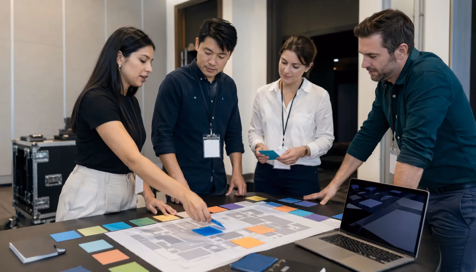 A pre-show planning team mapping target accounts before a trade show