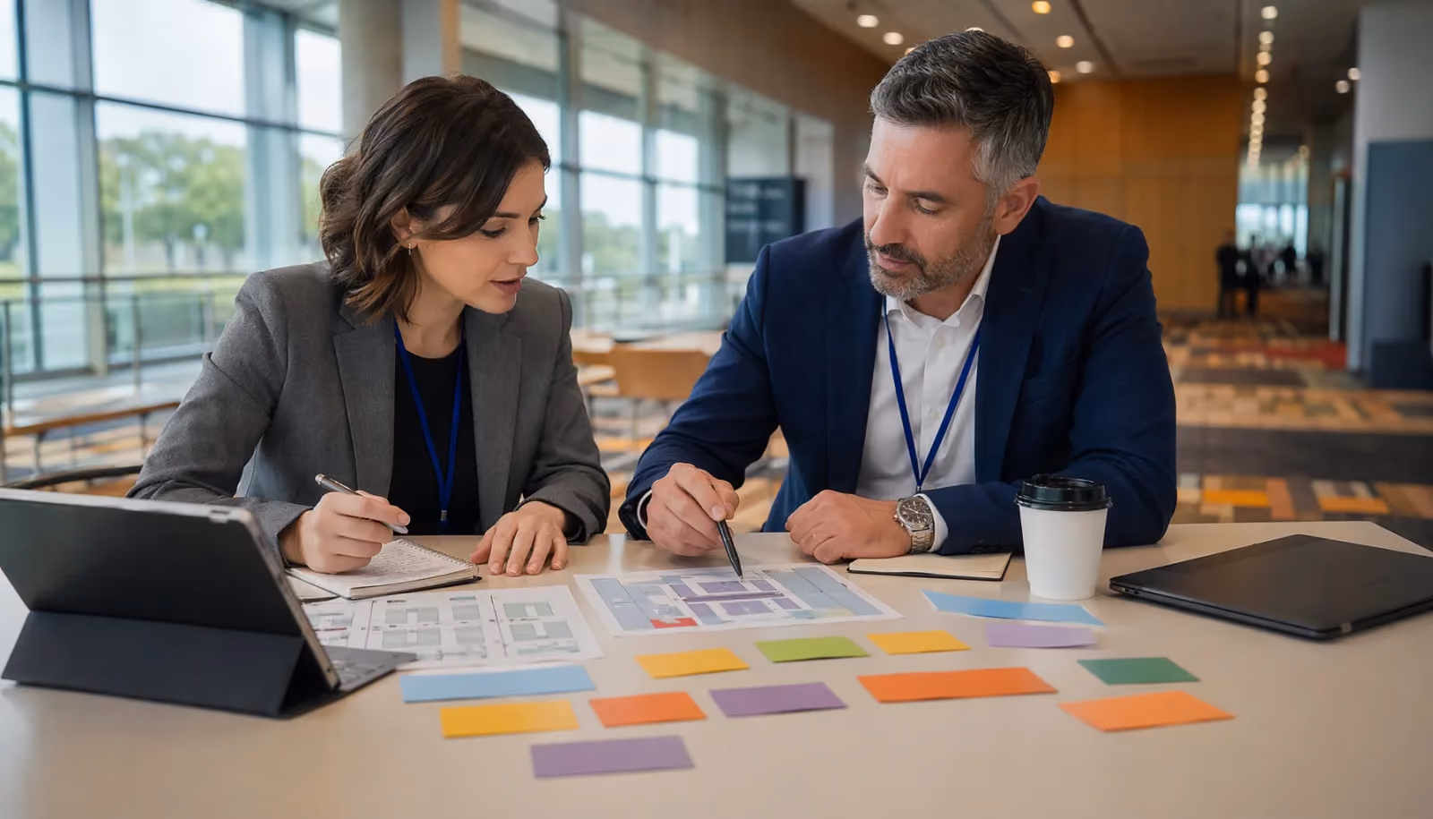 An event research workspace with printed floor-plan shapes and account clusters before a trade show