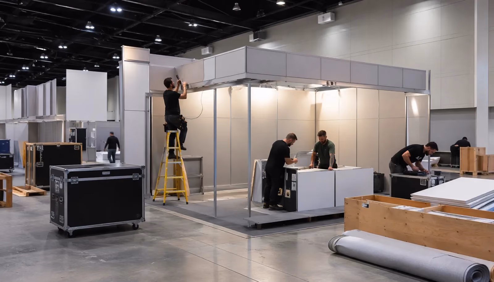A trade show booth setup scene with workers preparing generic exhibit structures before attendees arrive