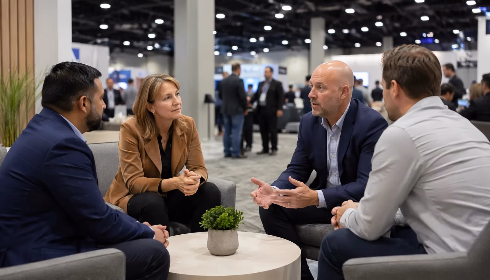 Customer storytelling meeting area at a B2B trade show