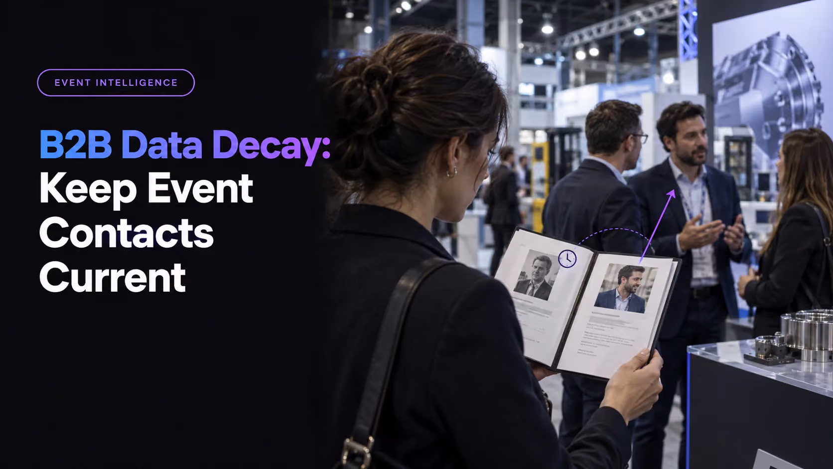 An event planner compares an earlier contact photograph with the current booth team, connected by a violet verification path.