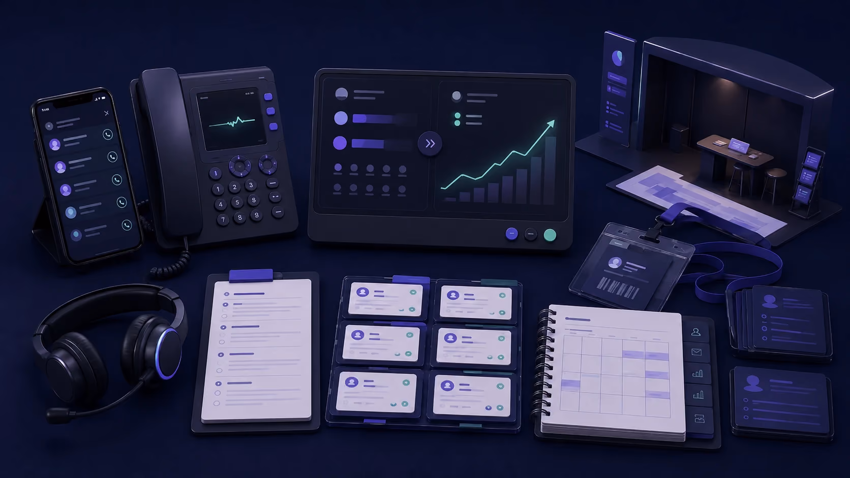 B2B cold calling workflow with phones, prospect records, event badges, and outreach planning
