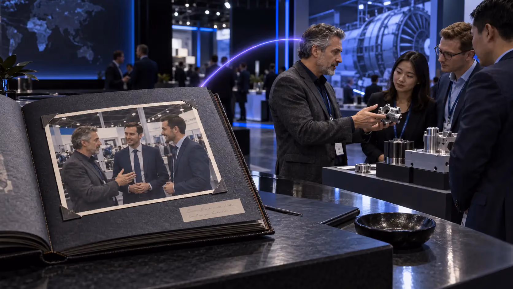 Ein früheres Foto eines Standgesprächs bleibt im Album, während der abgebildete Teilnehmer auf einer aktuellen Messe ein anderes Team trifft.