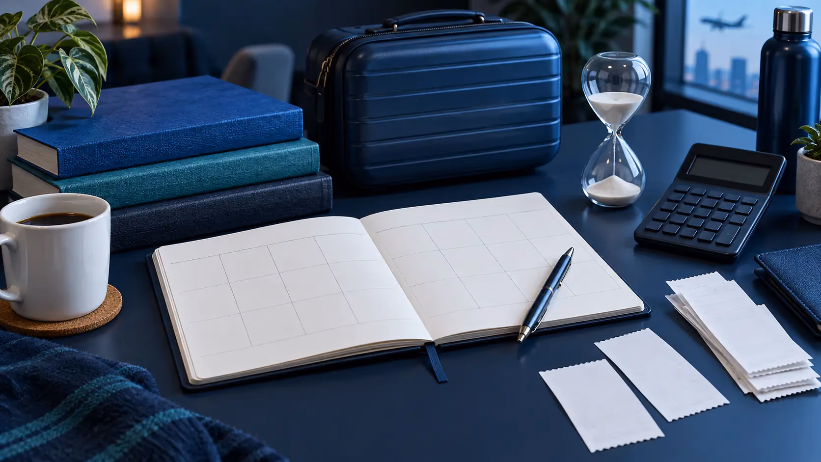 Lehrbücher, ein leerer Kalender, ein Reisekoffer und ein Taschenrechner stehen für Zeit, Studiengebühren und Reisekosten einer beruflichen Zertifizierung.