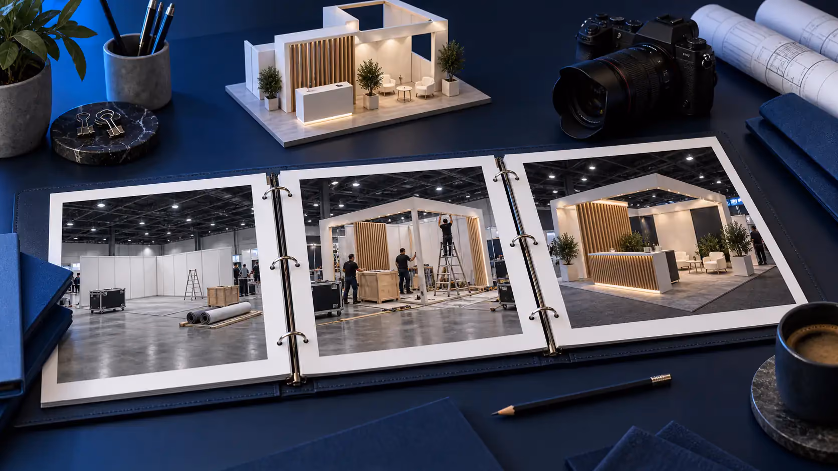 Ein Portfolioordner mit Messefotos liegt neben einem Standmodell und Planungsmaterialien für ein angewandtes Messeprojekt.