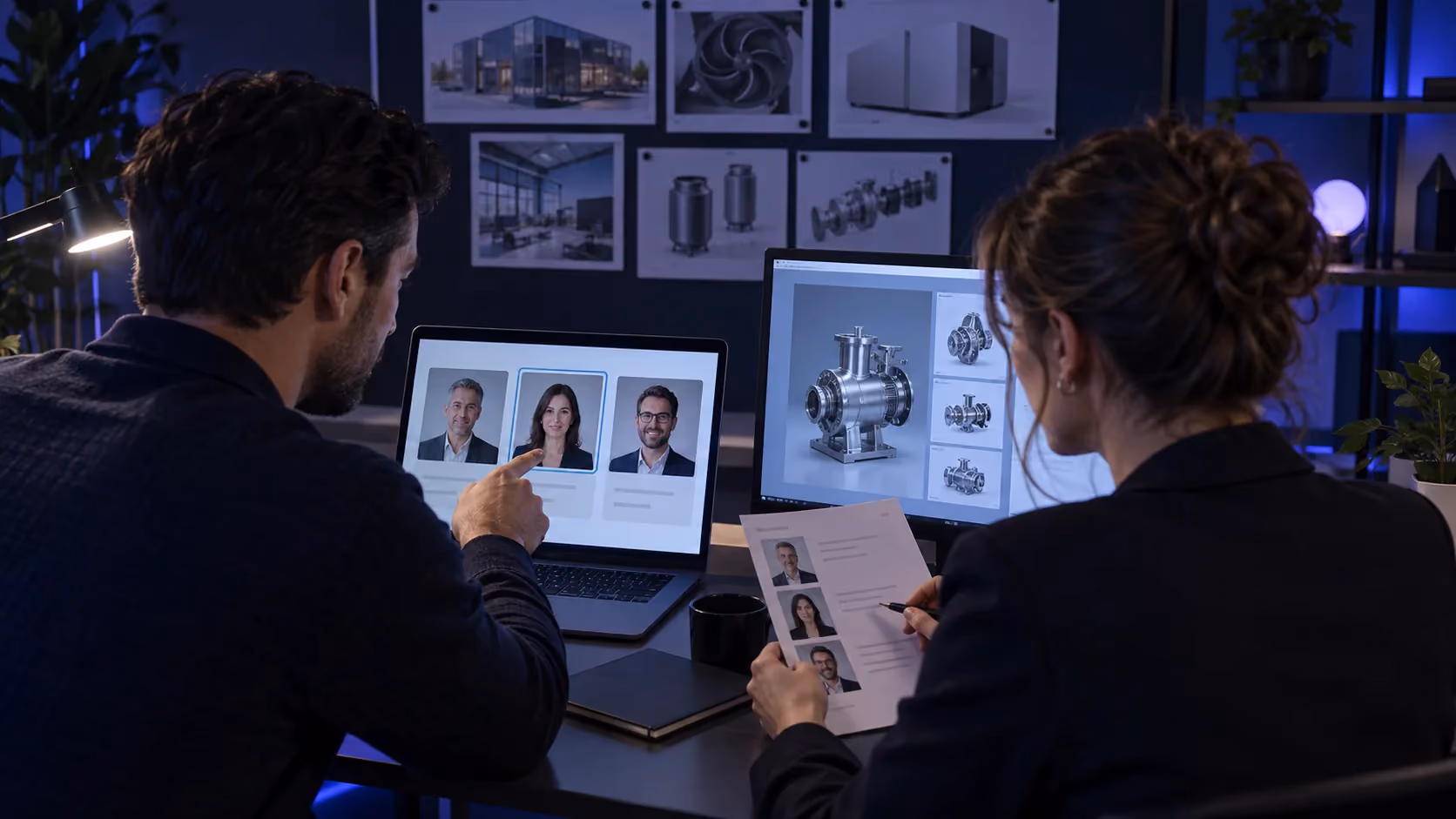 Deux collègues commerciaux de la visualisation examinent des profils professionnels au regard du catalogue produit d’un exposant industriel avant l’événement.