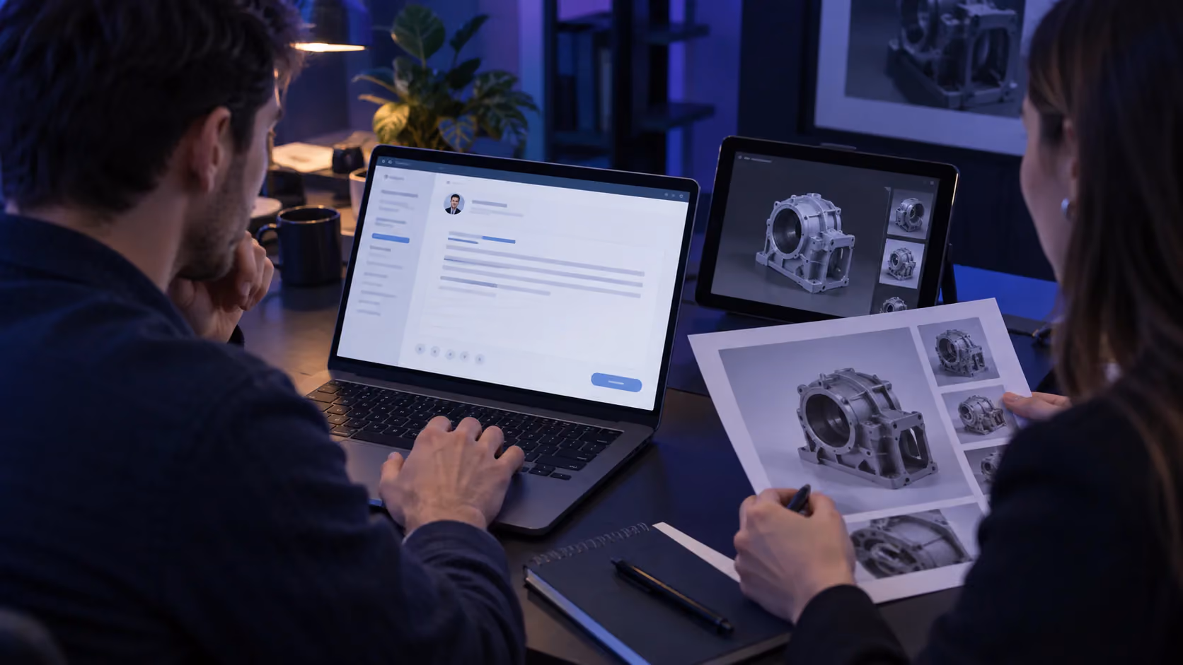 Un commercial de la visualisation modifie manuellement un brouillon de prospection tandis qu’un collègue vérifie l’exemple de produit numérique pertinent.