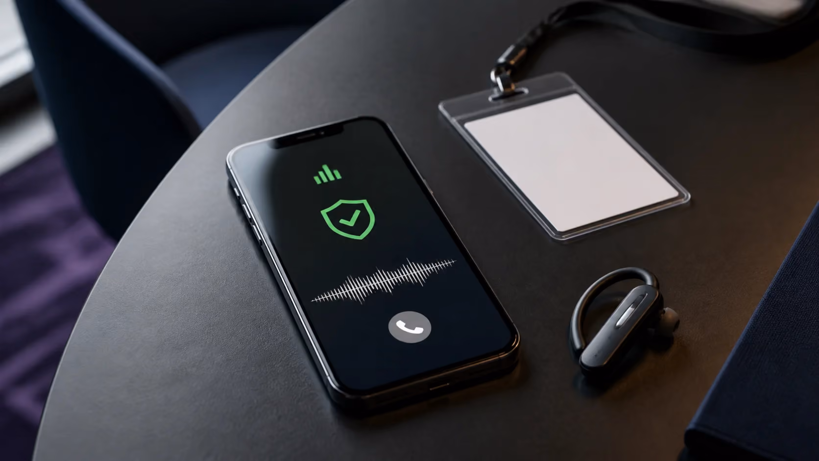 Bestätigter Geschäftsanruf auf einem aktiven Smartphone neben Eventausweis und Headset.