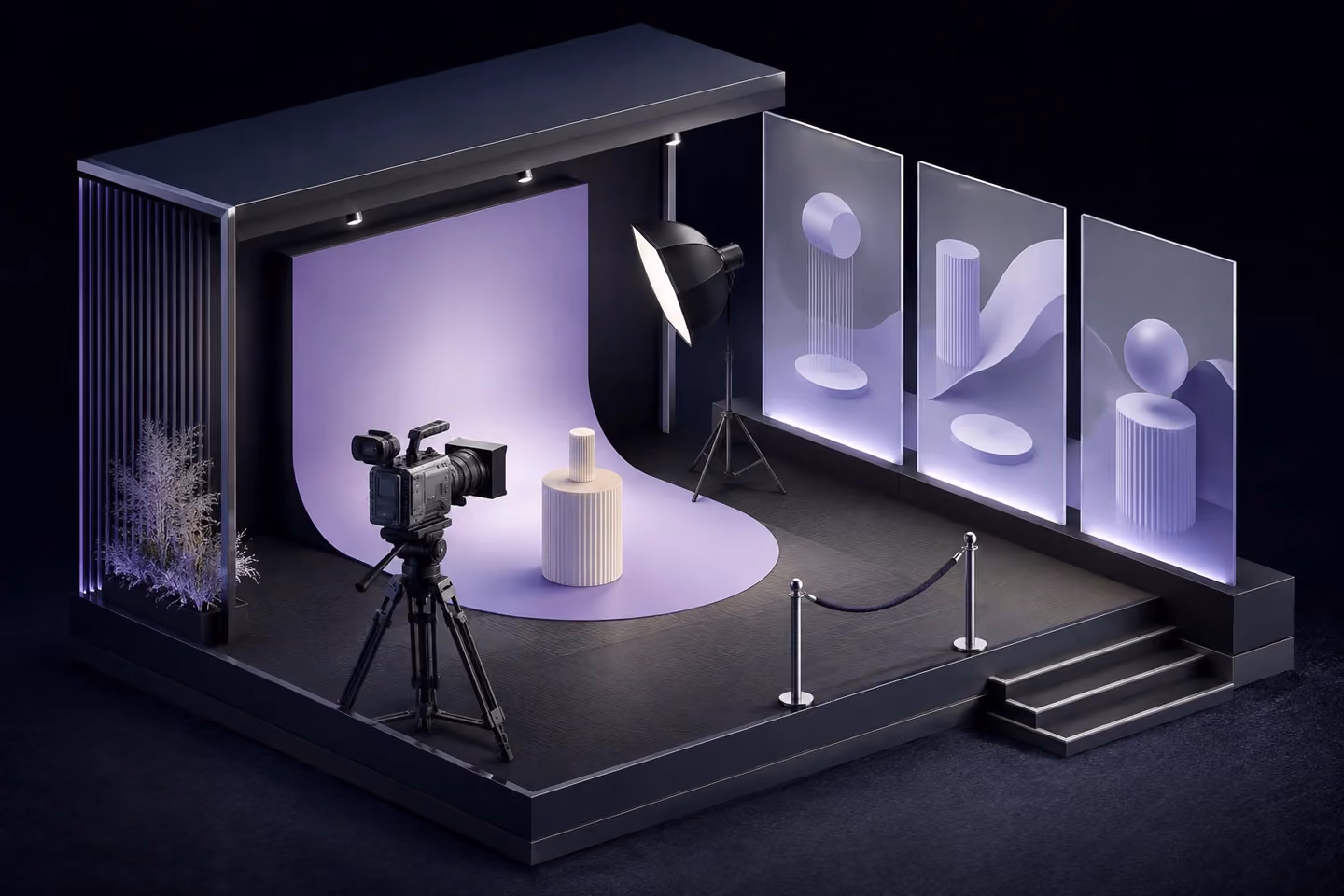 Architekturillustration eines Produktvideo-Sets in einem Messestand