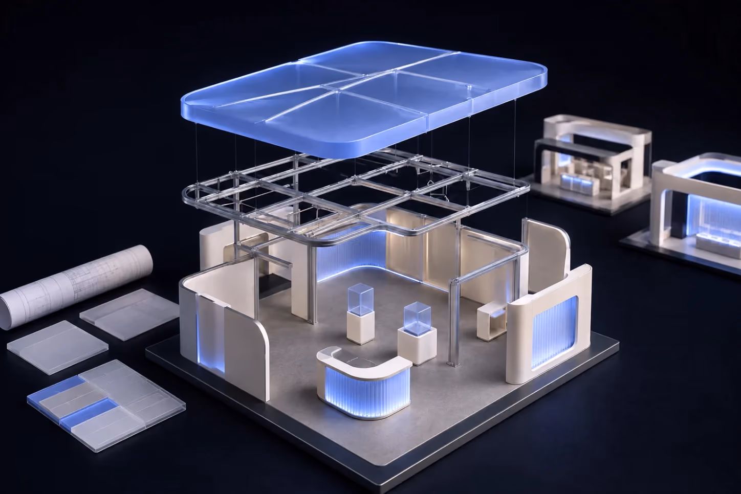 Architectural illustration of a modular exhibition stand being planned