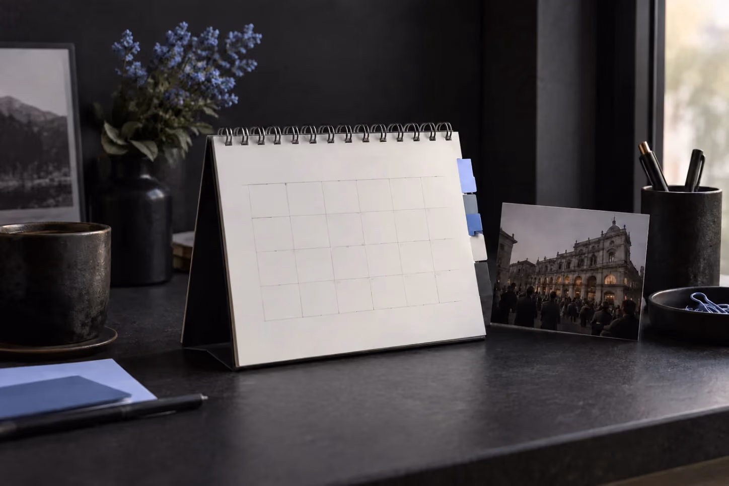 Calendrier et photographie d’un lieu représentant les dates et lieux des événements