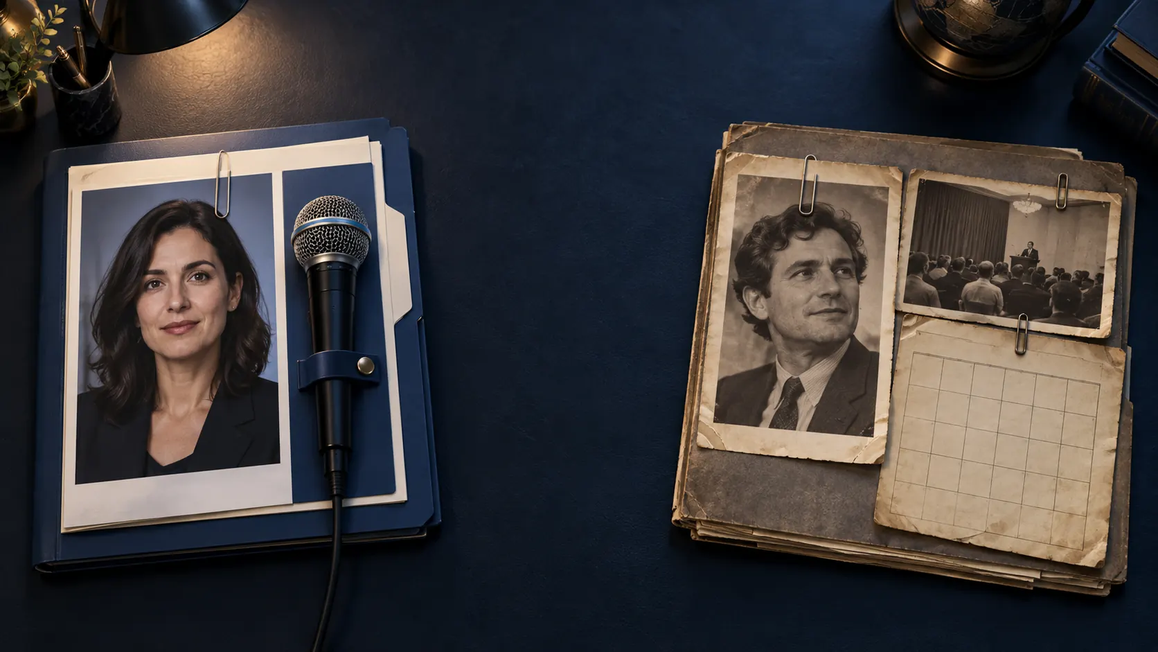 Two separate dossiers show anonymous portraits, one with a microphone for the current speaker and one with an aged conference photo and worn blank calendar as historical evidence.
