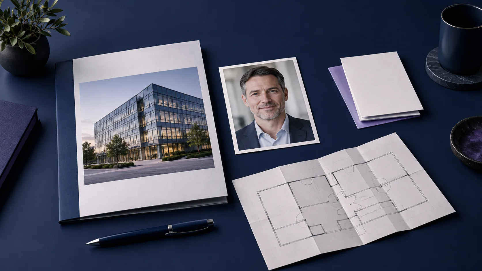 A company dossier with an office photo, a separate adult headshot card, paper briefing notes, and a folded venue floor plan sit on dark navy.