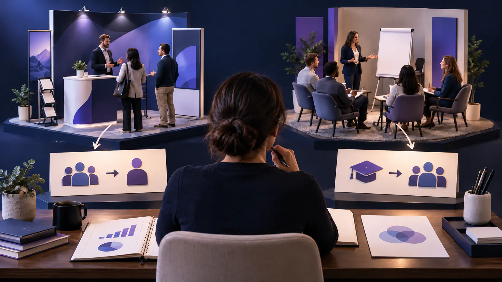 An event marketer compares a prospect meeting and a customer workshop to select objective-specific measures.