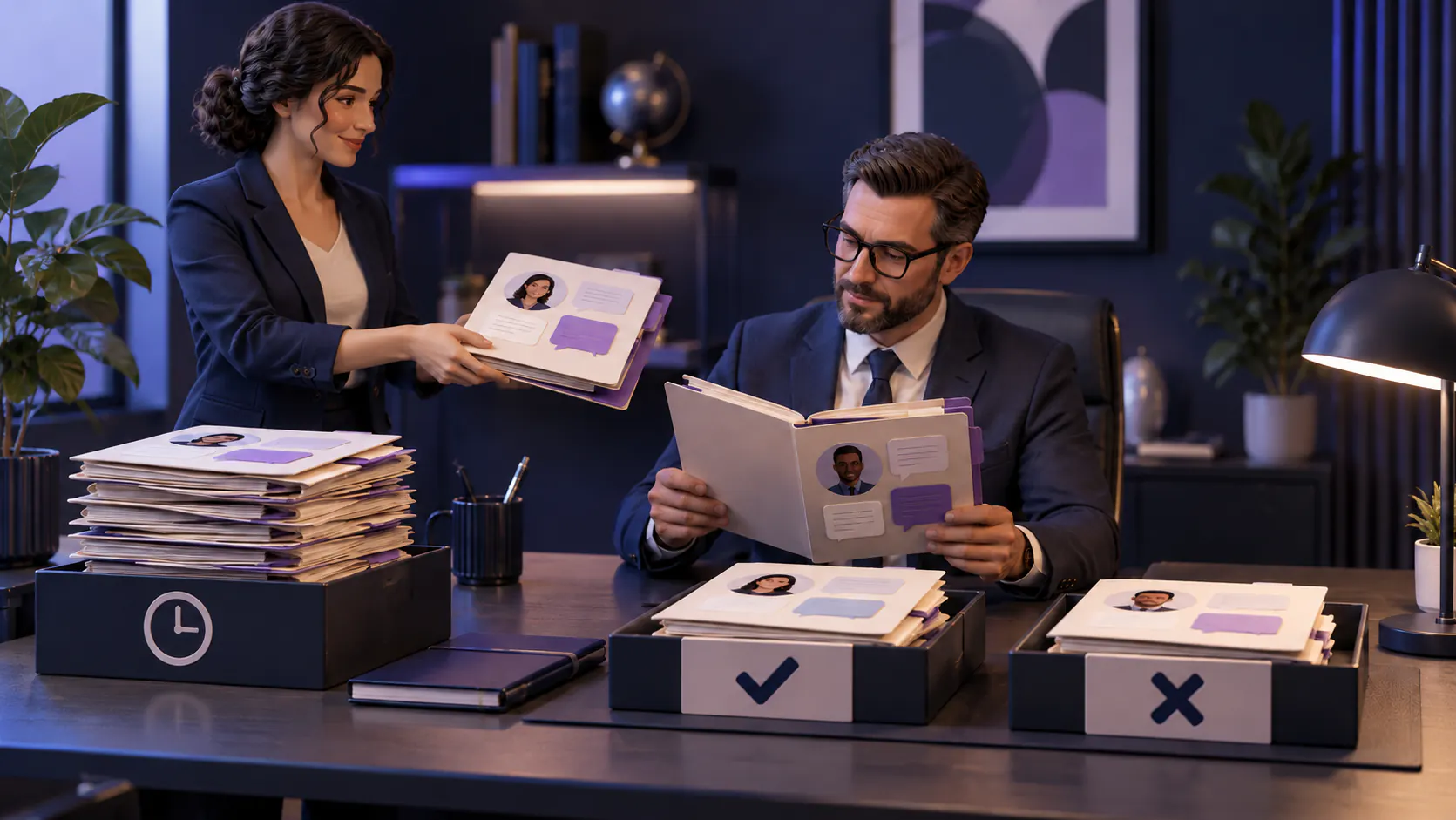 Marketing hands account folders to sales while reviewed folders and pending reviews remain visibly separated.
