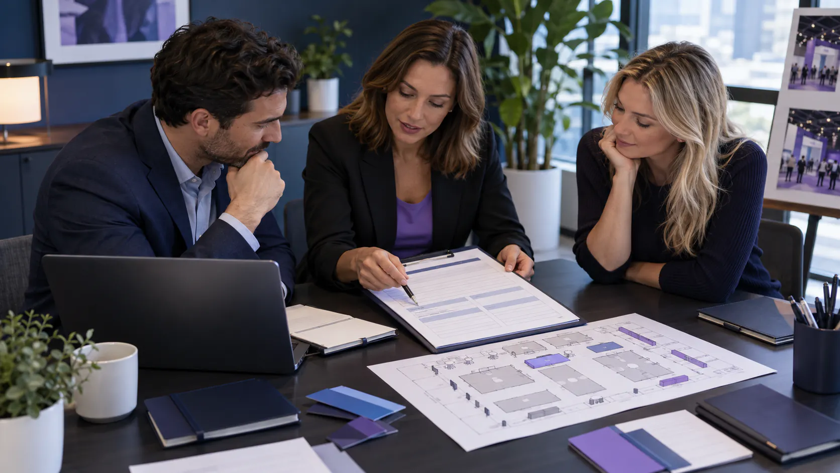 Sales and marketing colleagues review an event brief beside a laptop and trade show floor plan.