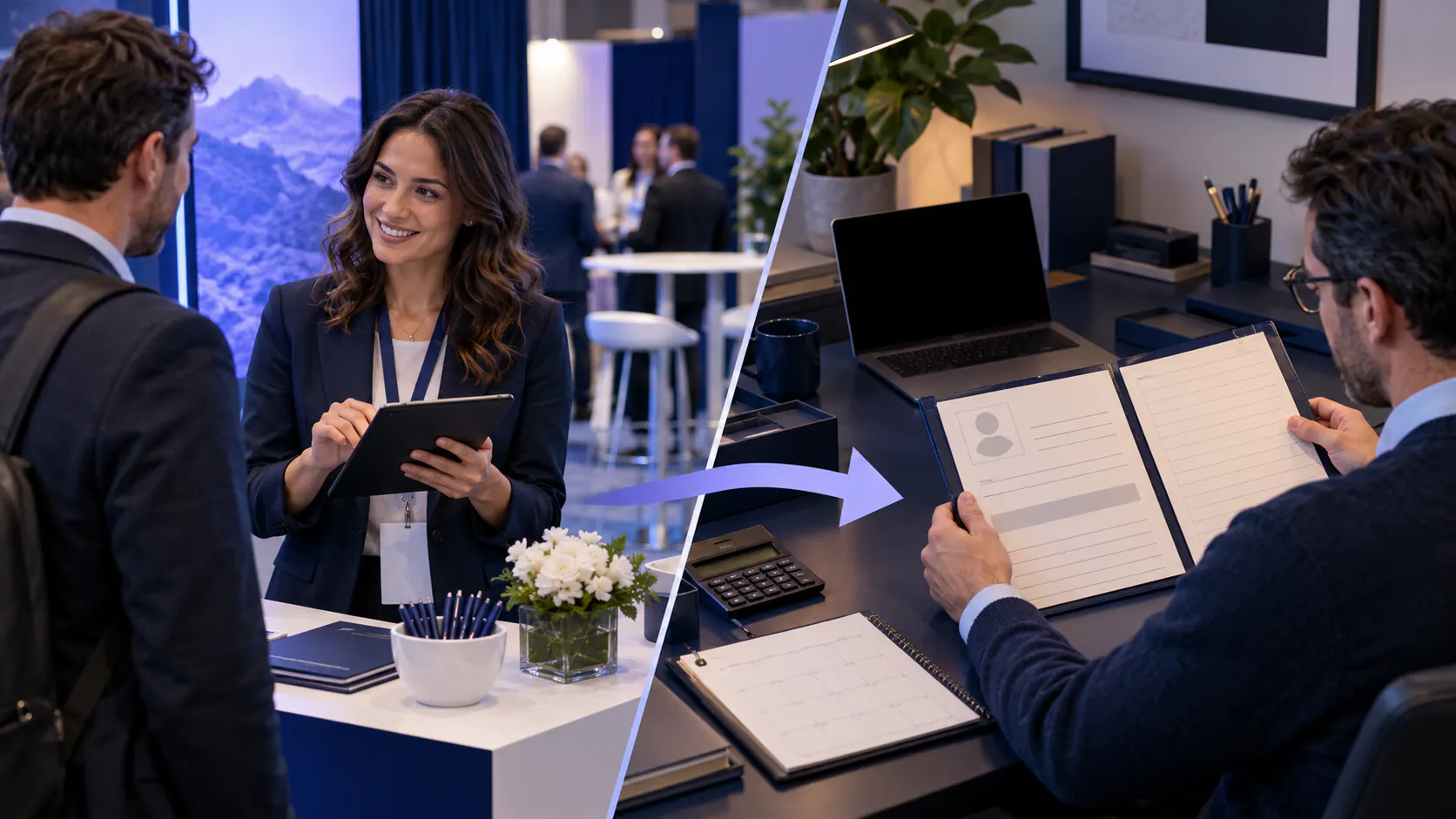 A booth representative captures conversation details while a receiving seller reviews the routed contact record.