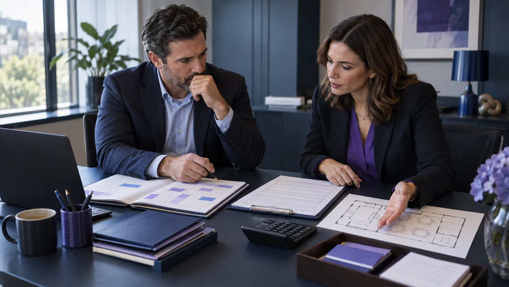 An event owner and budget approver examine a meeting calendar, venue booking document, and remaining costs.