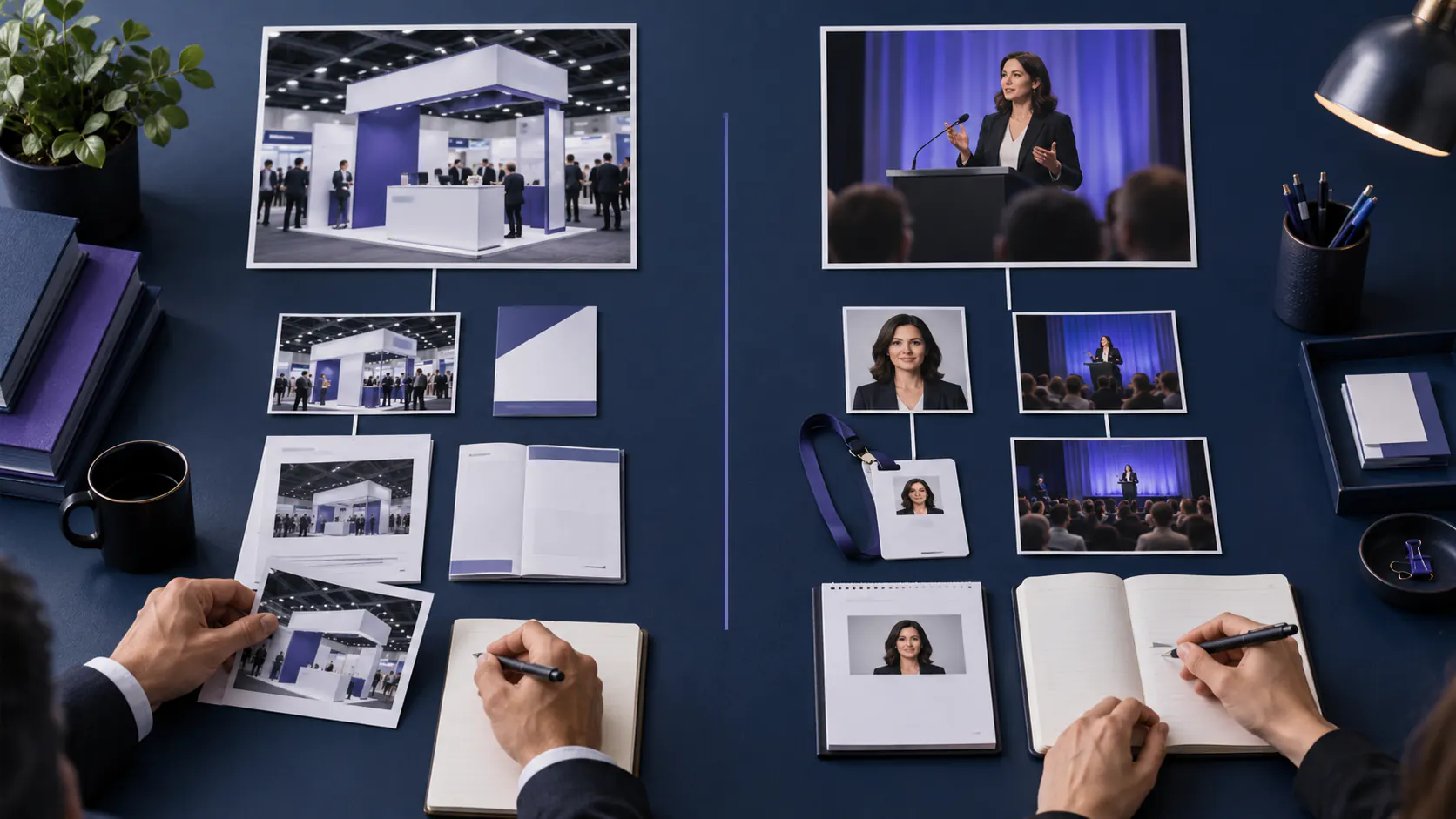 Separate evidence paths connect an exhibitor booth to a company and a conference speaker to an individual profile.