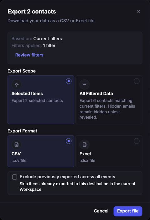 Lensmor export dialog for two selected Captello records at UNBOUND 2026
