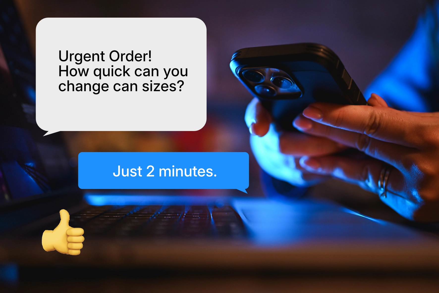 A person using a smartphone with a chat message overlay reading "Urgent Order! How quick can you change can sizes? — Just 2 minutes." illustrating the ZANZ Solo's fast 2-minute toolless can size changeover for flexible craft beverage canning