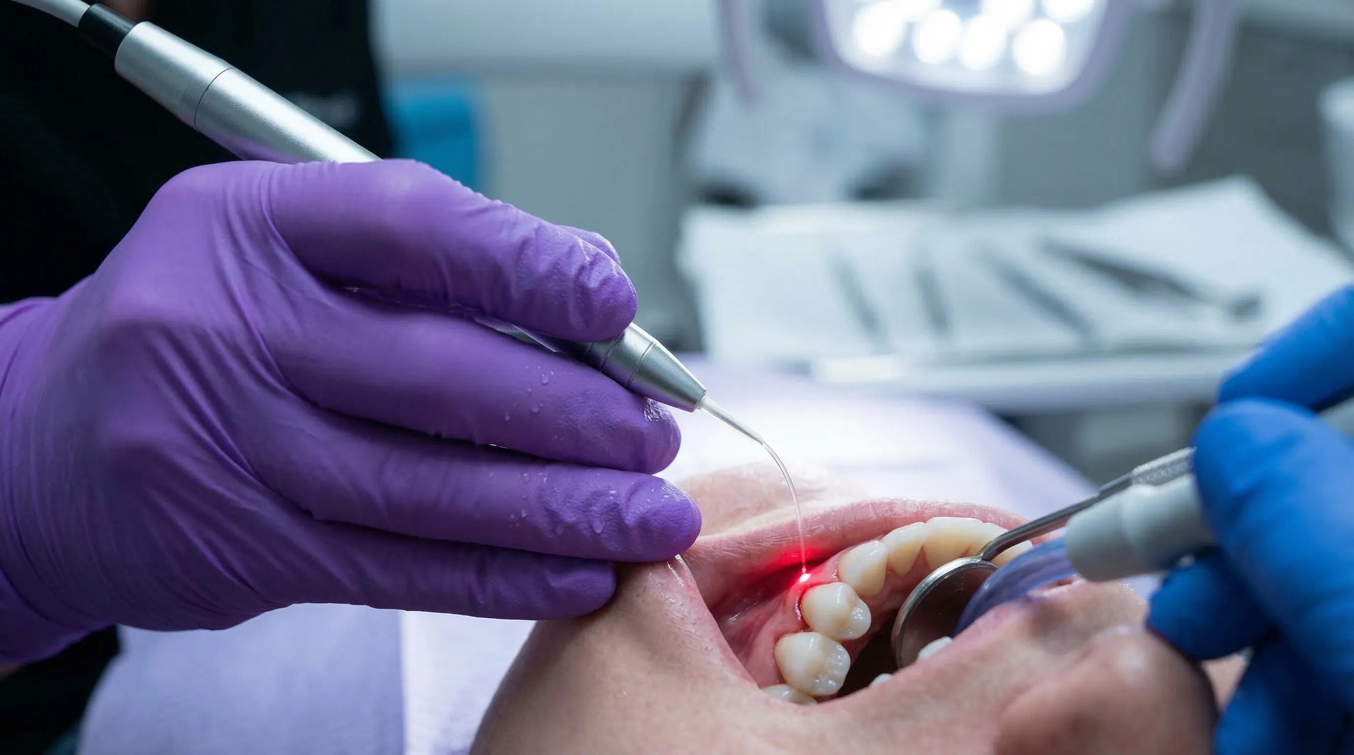 Dentist performing laser treatment on oral soft tissue