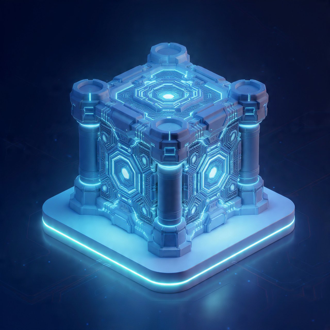 Cube futuriste bleu lumineux avec motifs géométriques et colonnes aux coins sur une base éclairée.