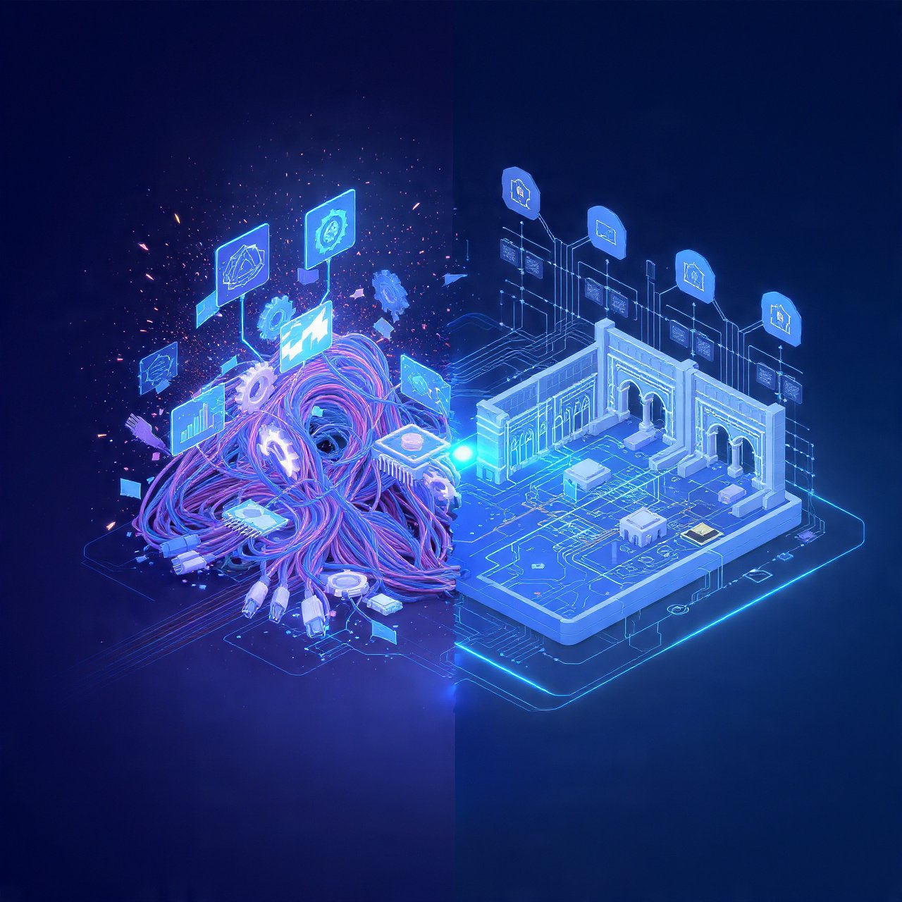 Illustration numérique divisée montrant d'un côté un enchevêtrement de câbles connectés à des icônes technologiques et de l'autre un plan architectural lumineux avec des composants électroniques.