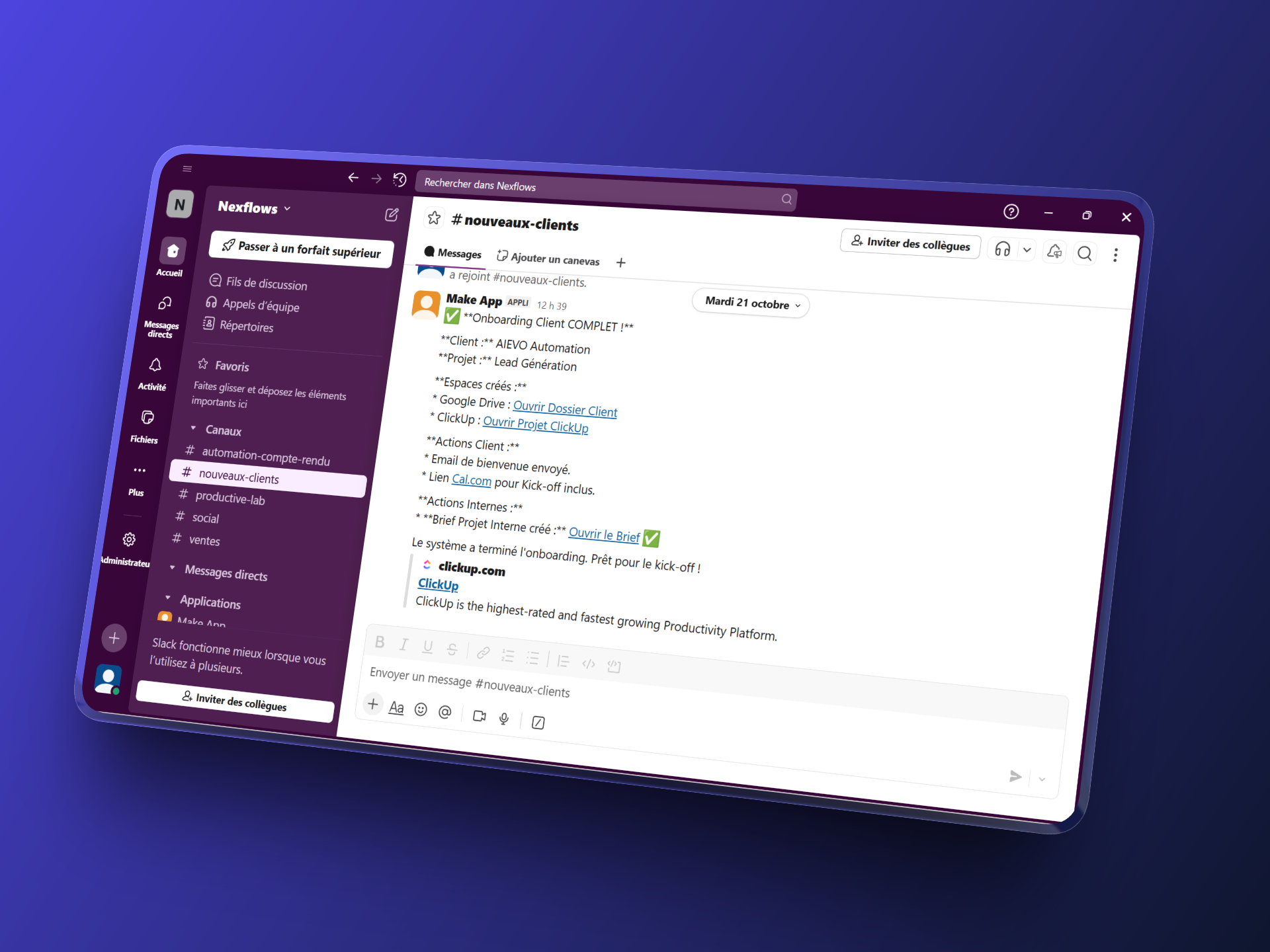 Processus d'Onboarding Client automatisé "Zéro-Touche" sur ClickUp.