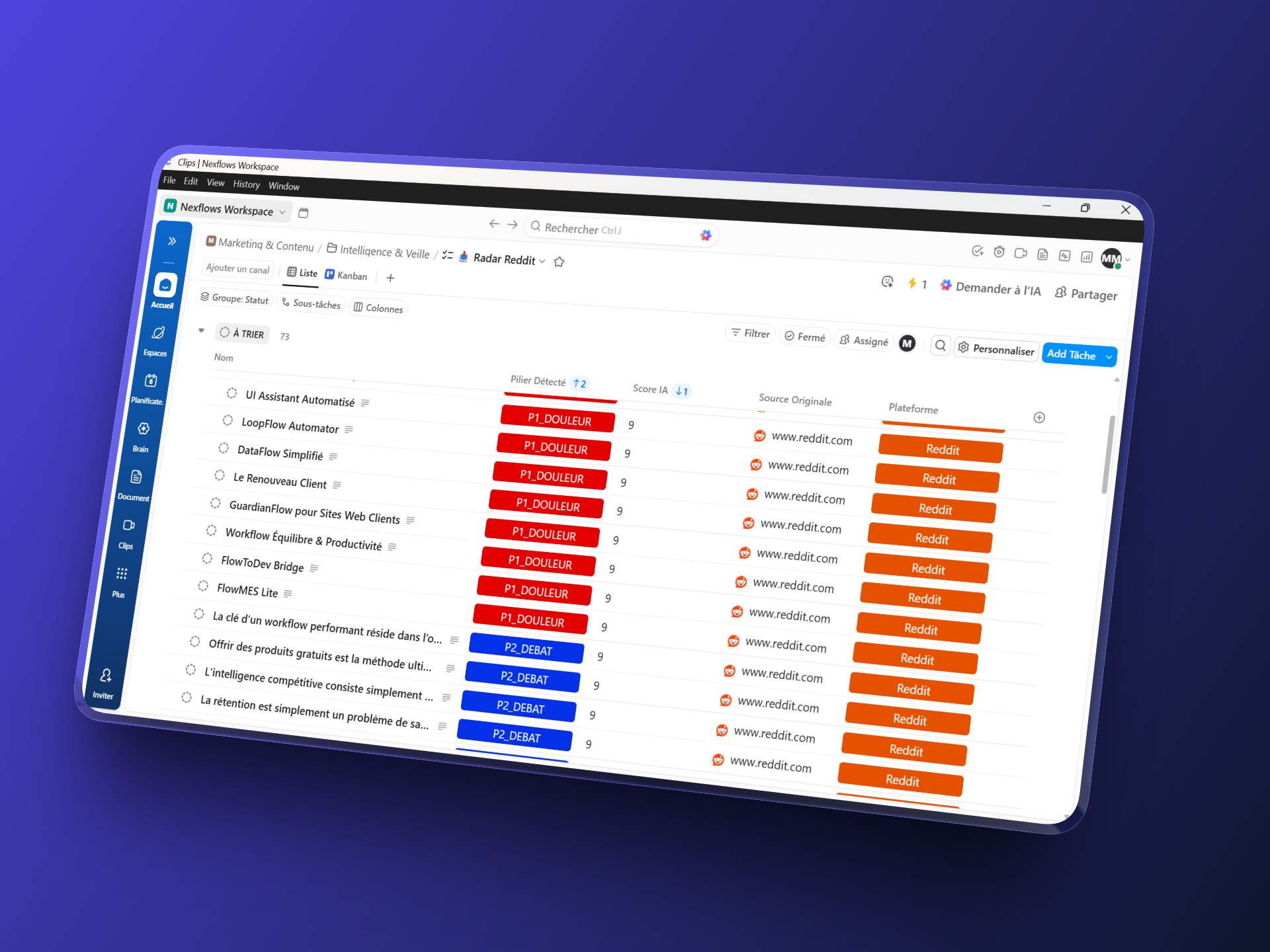 Interface du Système de Veille Stratégique Nexflows (Monitoring Reddit & Tendances).