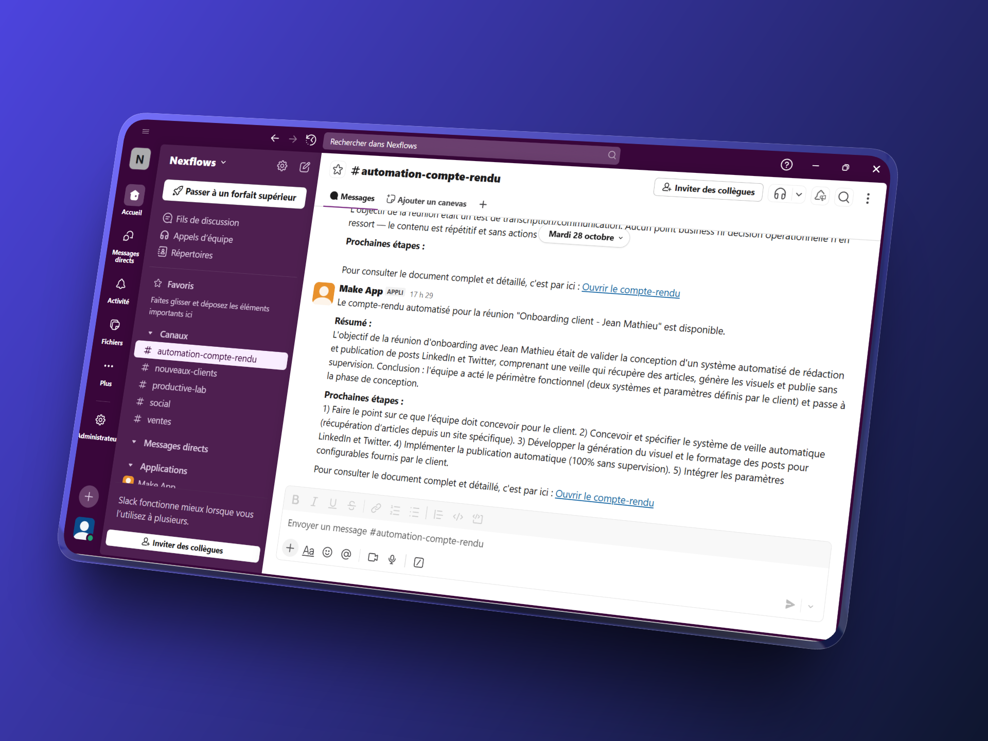 Tableau de bord de pilotage et comptes-rendus de réunions générés par IA.