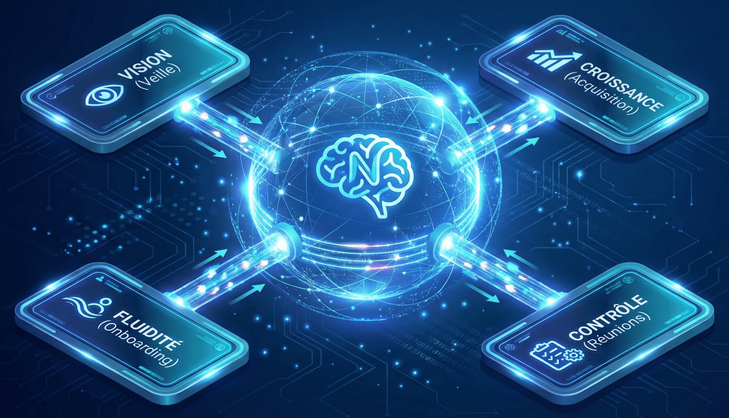 Architecture Système Nexflows : Hub central d'automatisation connectant Veille, Acquisition, Onboarding et Pilotage.