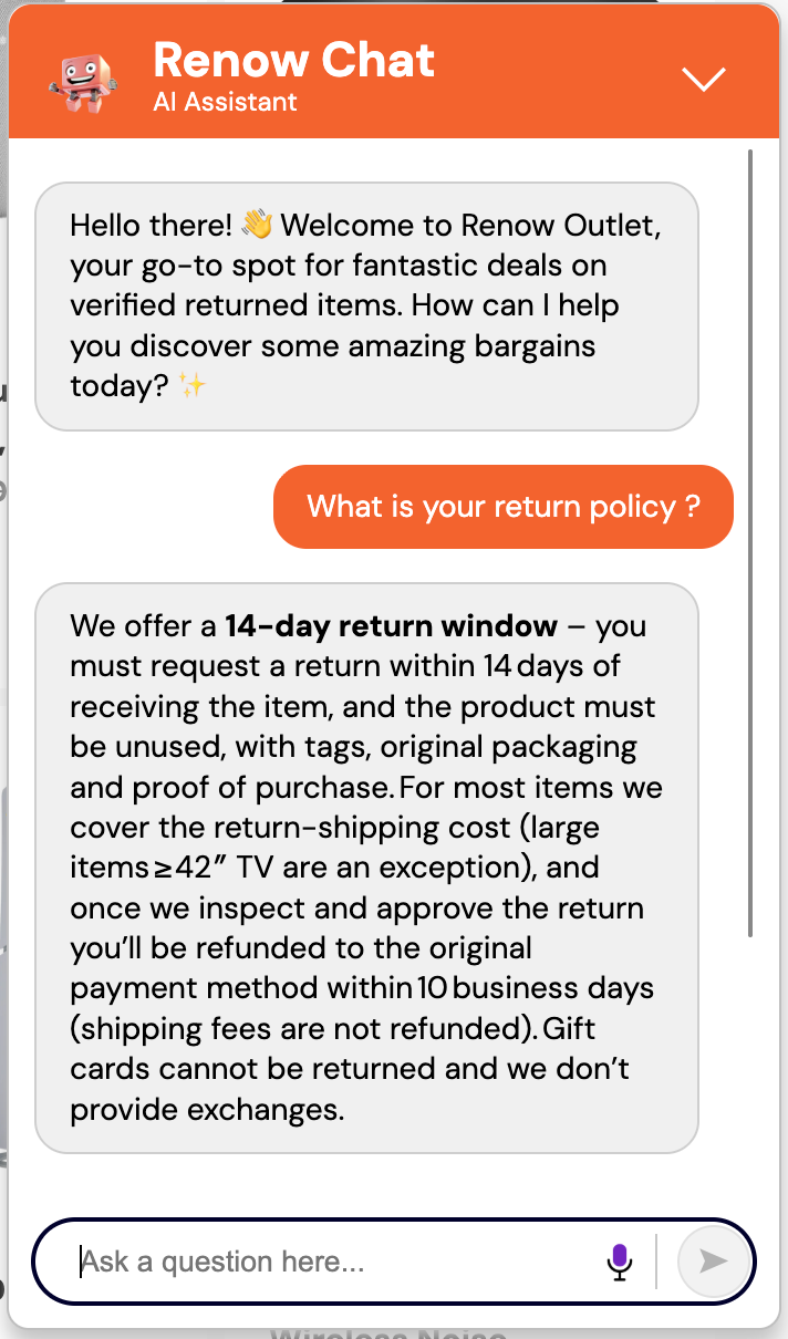 Renow chat answers customer questions about return policy.