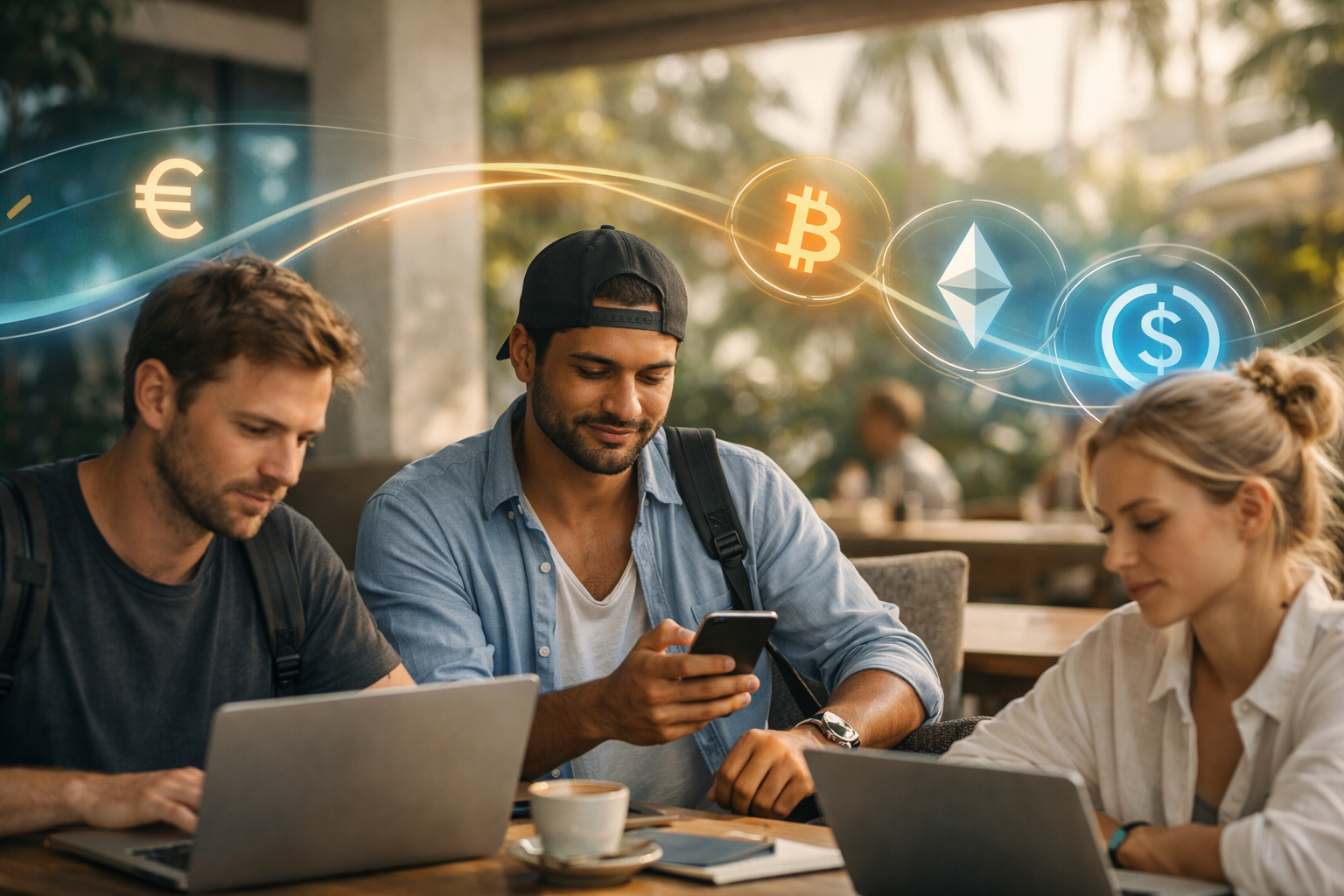 Digital nomads exchanging currency safely in Bali using modern financial tools