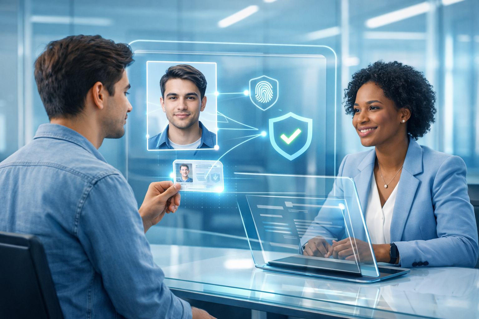 Realistic fintech onboarding scene with a user completing identity verification on a transparent digital interface while a compliance specialist reviews documents in a modern office environment