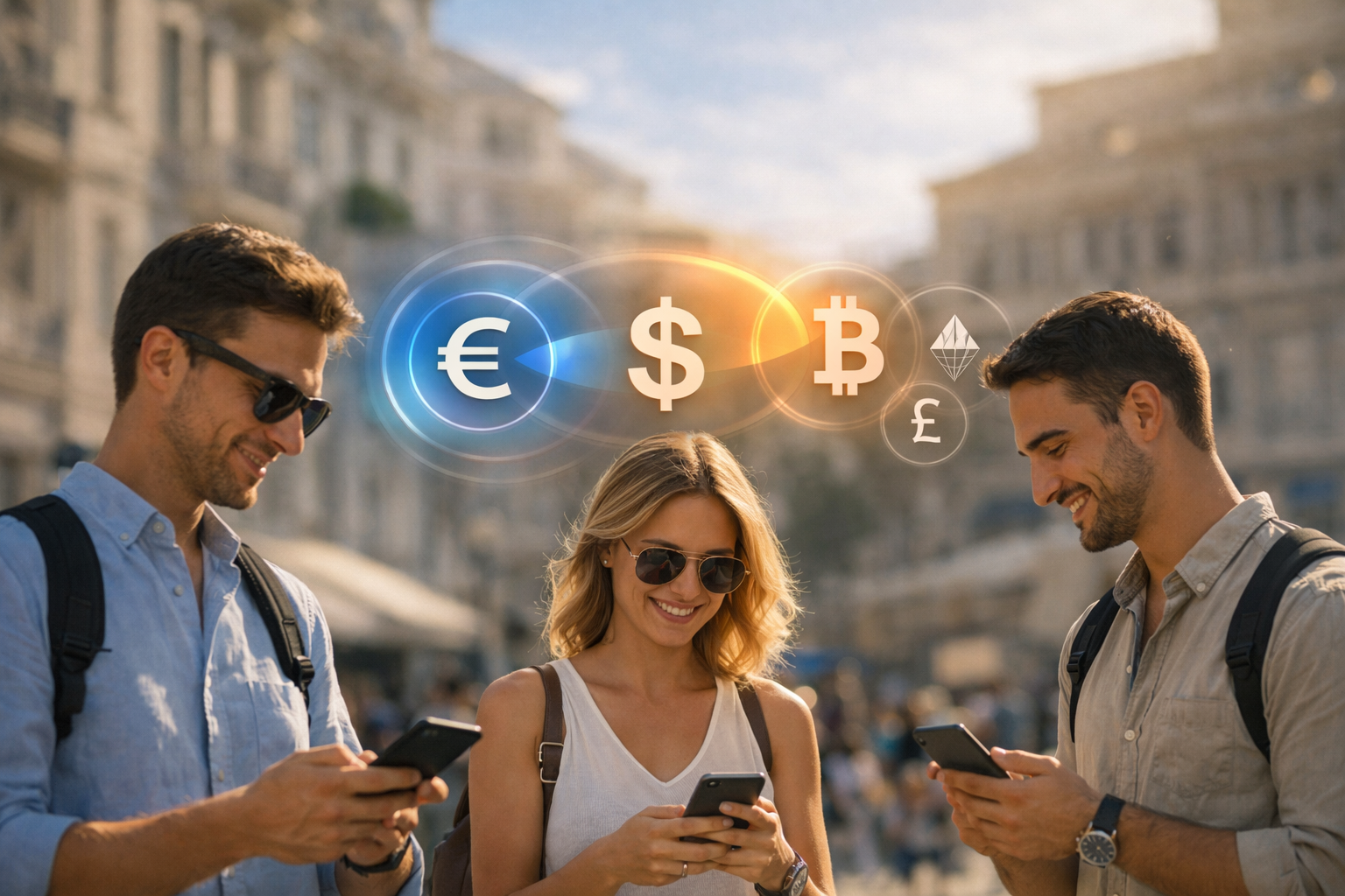 Travelers in Athens checking exchange rates on a smartphone in a modern fintech travel setting