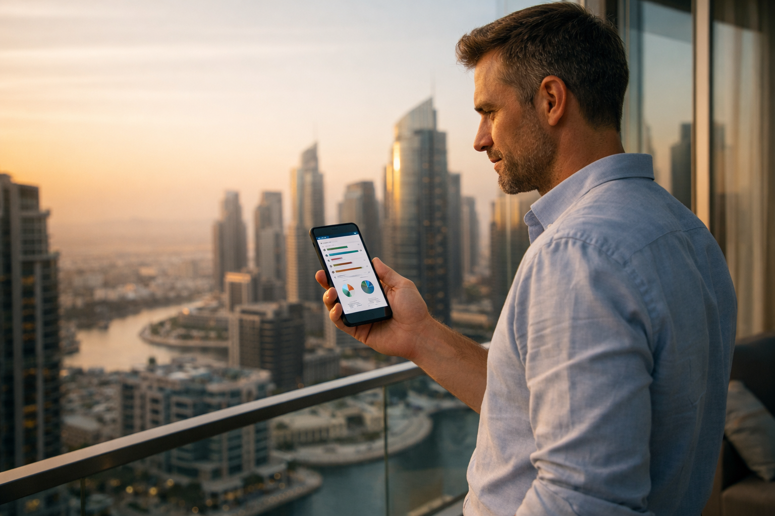 Expat professional in Dubai overlooking the skyline while managing finances on a smartphone