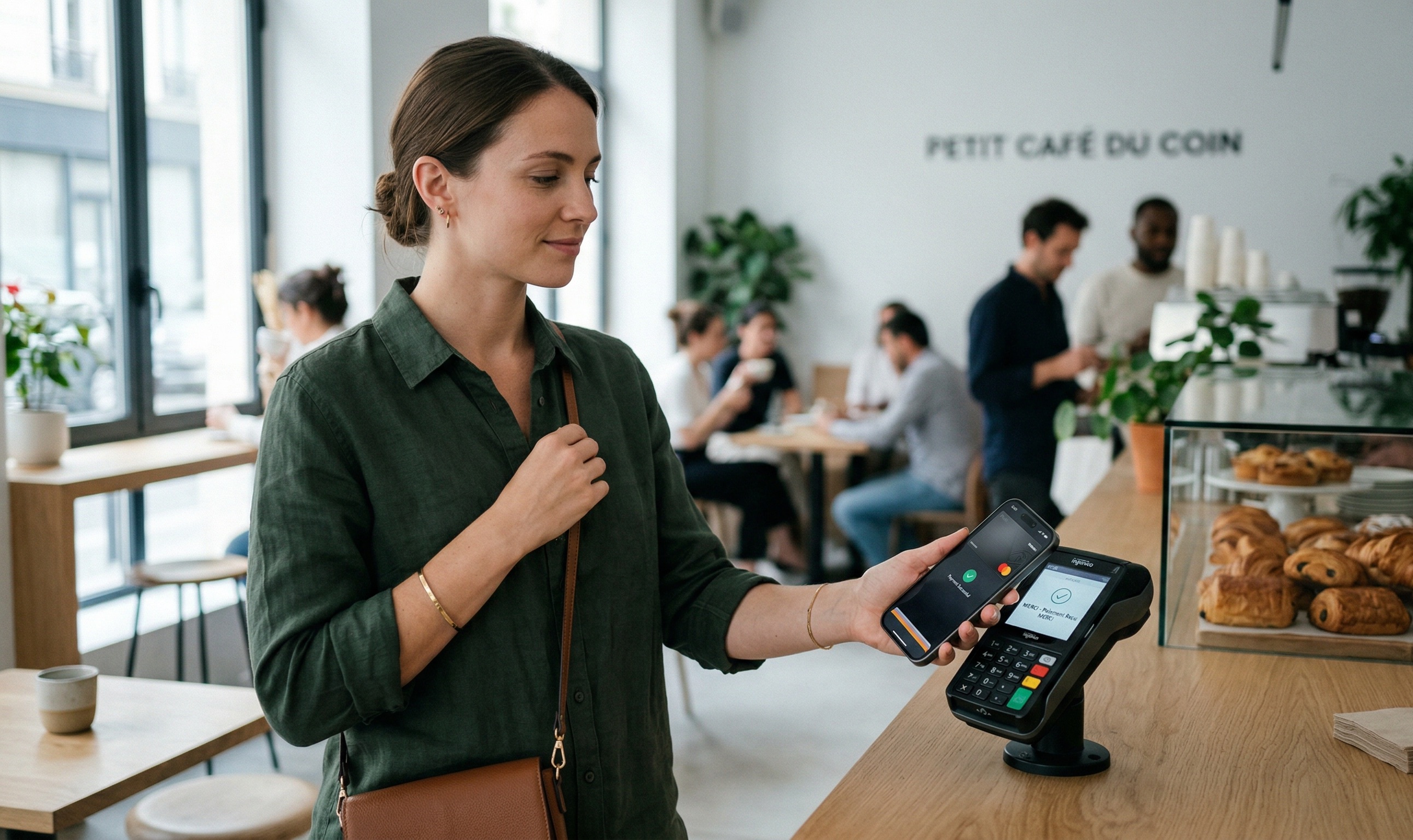 Person making a contactless payment with a smartphone using a virtual card in a modern retail setting