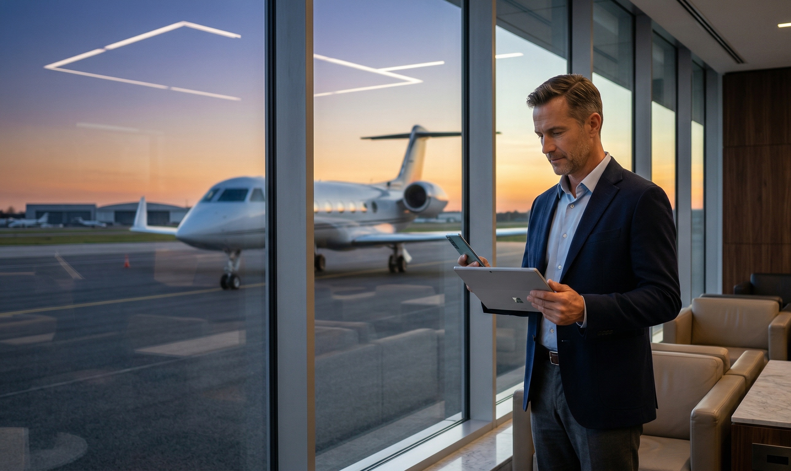 International traveler confirming private jet booking in a luxury terminal lounge