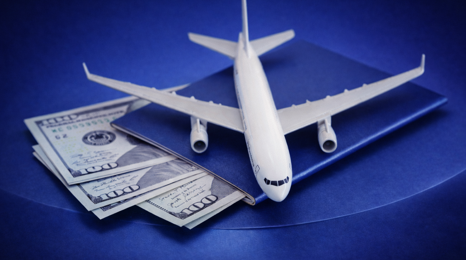 Cash placed inside a passport with airplane icon symbolizing carrying money across European borders