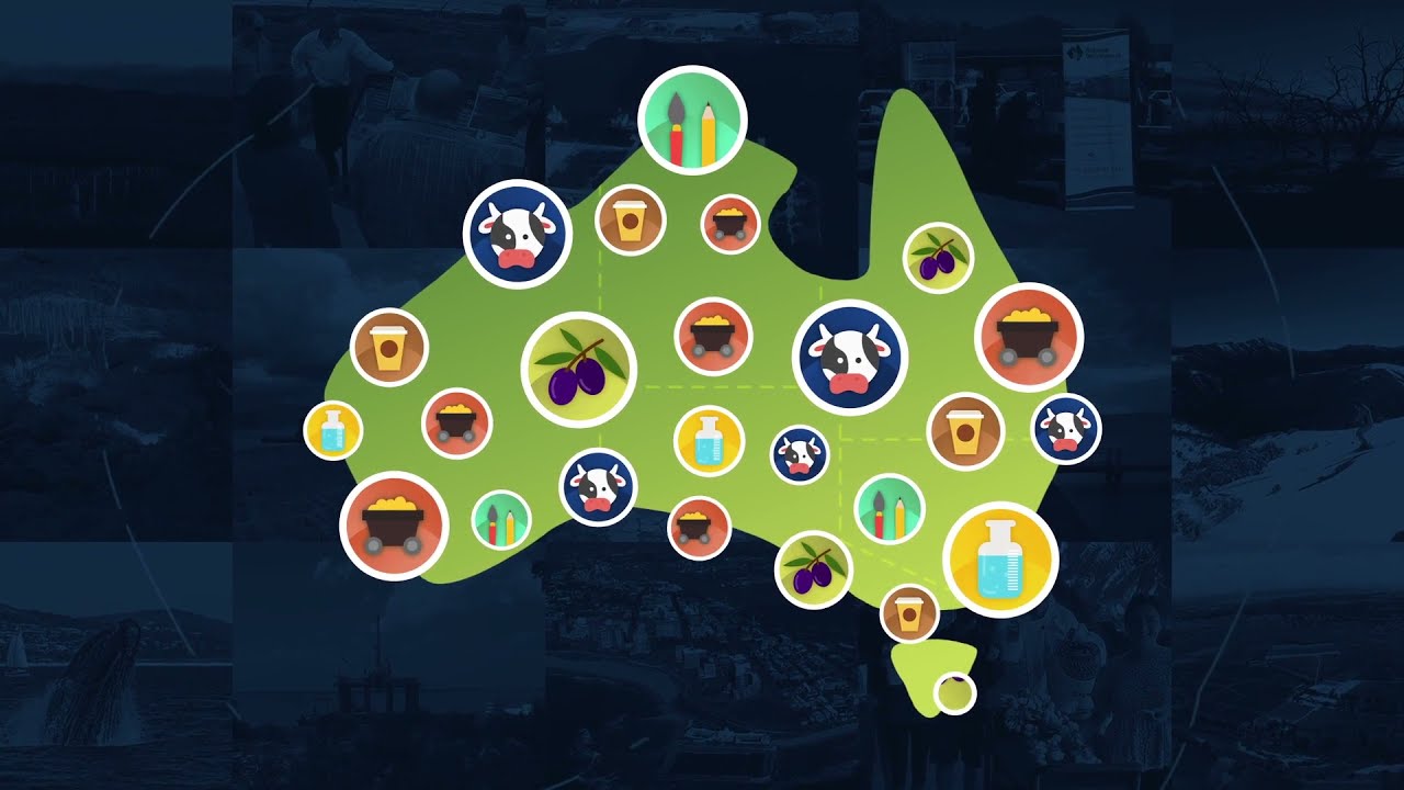 Green map shape with icons of cows, coffee cups, mining carts, olives, paintbrushes, and hand sanitizer scattered across it.