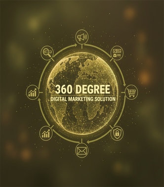 Glowing globe surrounded by icons representing digital marketing services with text '360 Degree Digital Marketing Solution'.