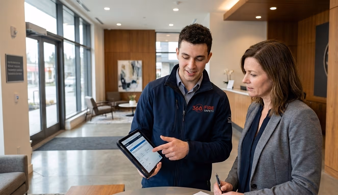 Man in navy jacket showing tablet screen to a woman in gray blazer in a modern office lobby.